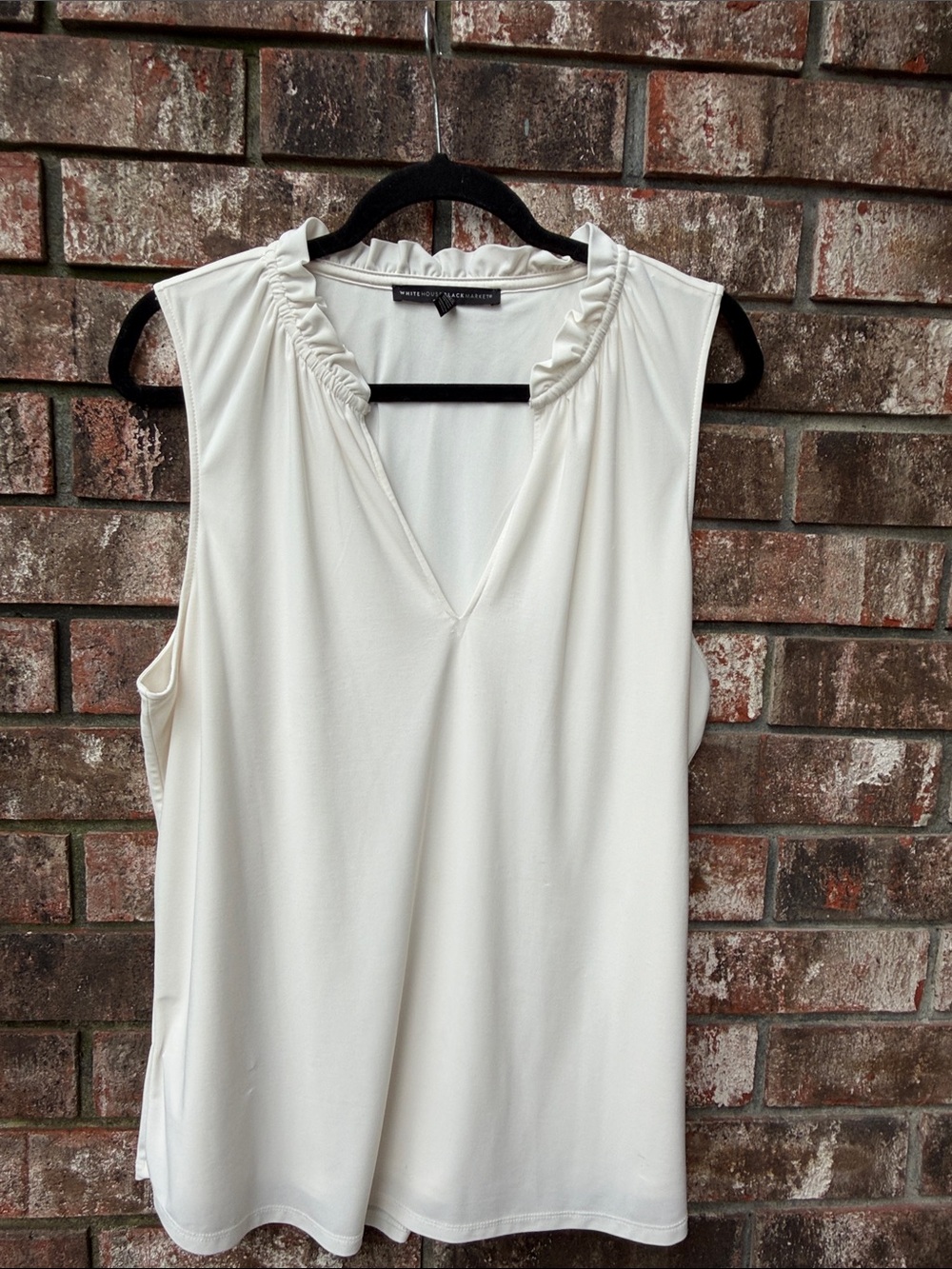 White House Black Market Cream Ruffle V-Neck Sleeveless Top